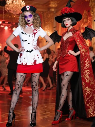 3 Pairs Black Stars Floral Tight Legging Lace Patterned Fishnet Tights Small Hole High Pantyhose Waist for Halloween4