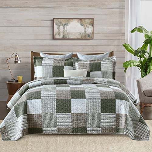 Image of Finlonte Quilts Queen Size - 100% Cotton Queen Comforter Set Green Moonbeam White Plaid Farmhouse Quilt Bedding Set, Reversible Lightweight Soft Bedspread, Quilted Coverlet All-Season, 3-Piece