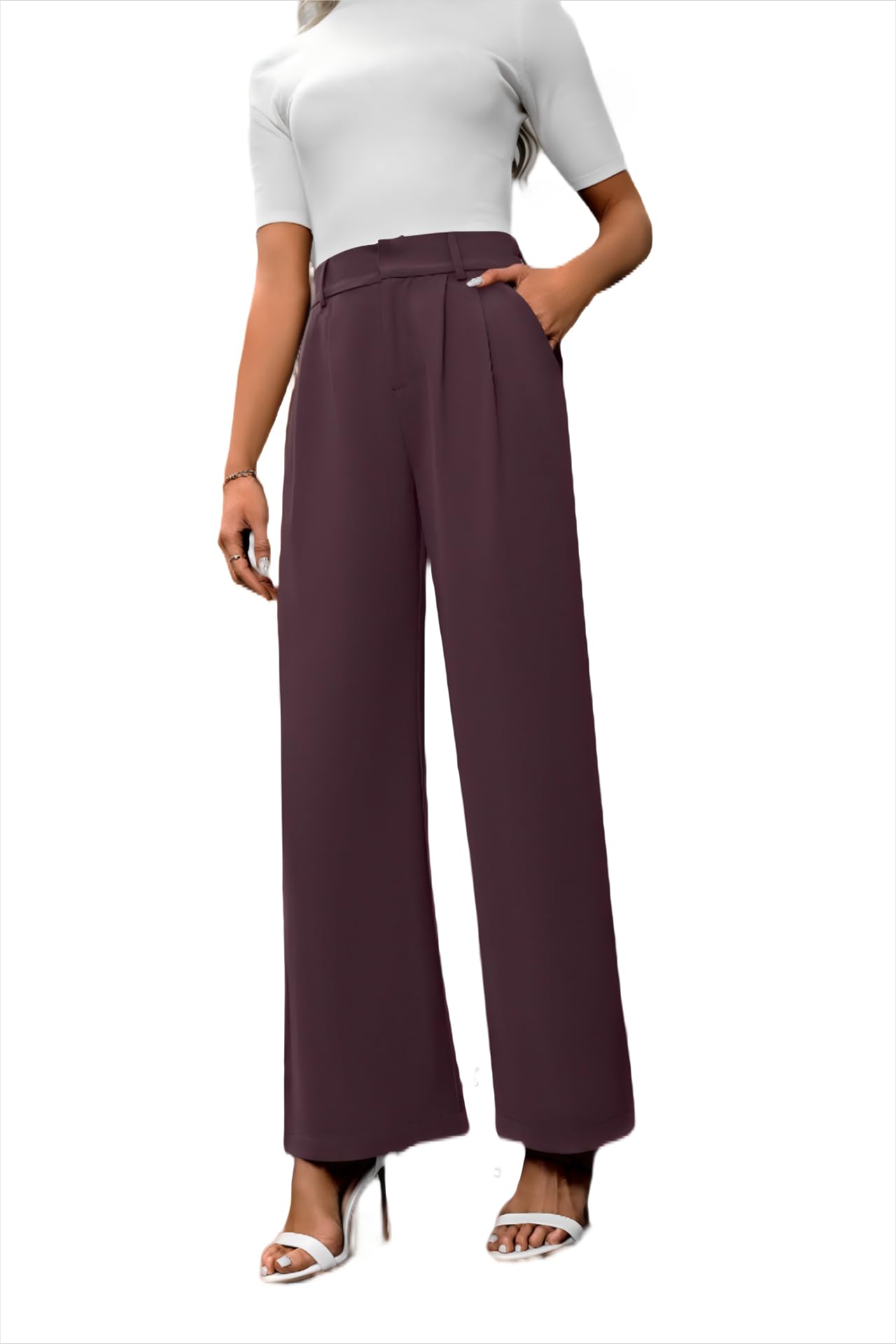 Womens Wide Leg Pants Back High Elastic Waist Business Work Pants Long Straight Suit Pants