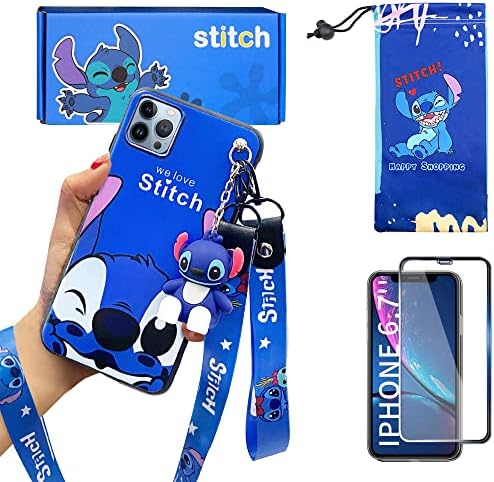 iPhone 14 Pro Max case with HD Screen Protector, Cute Stitch Cartoon 3D Character Silicone Cover Case for Apple iPhone 14 Pro Max 6.7" with 2 Lanyard, 1 Cell Phone Stand, 1 Phone Storage Bag