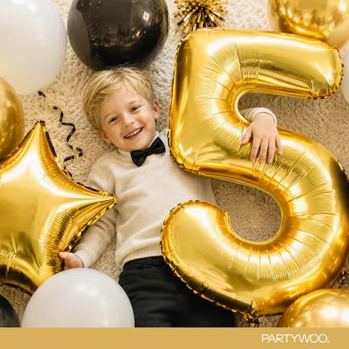 Image of PartyWoo Metallic Gold Number 5 Balloon 40 Inch 25pcs Gold Foil Star White