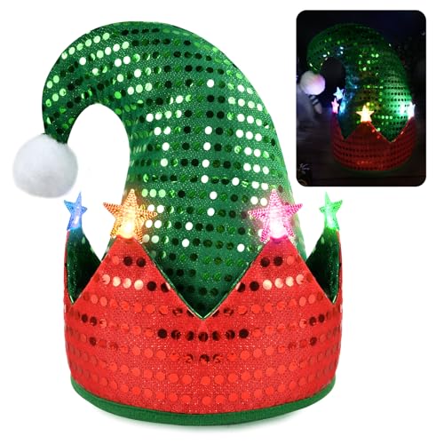 Wichtelmütze LED Elfenmütze Weihnachtself Mütze mit Licht Elfenhut...