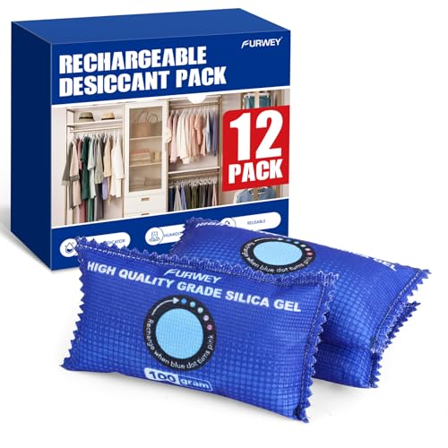FURWEY 12 Pack Rechargeable Desiccant Packs, 100g Each, Blue, Color Indicating Silica Gel...