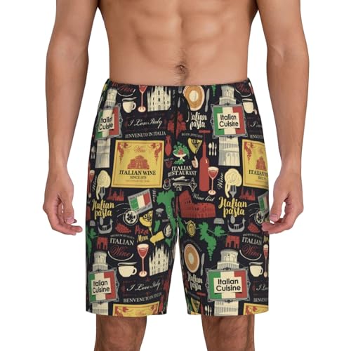 Mens Pajama Shorts with Pockets - Stamp Pattern Italian Soft Lounge Pj Sleep Shorts Pajama Bottoms for Men