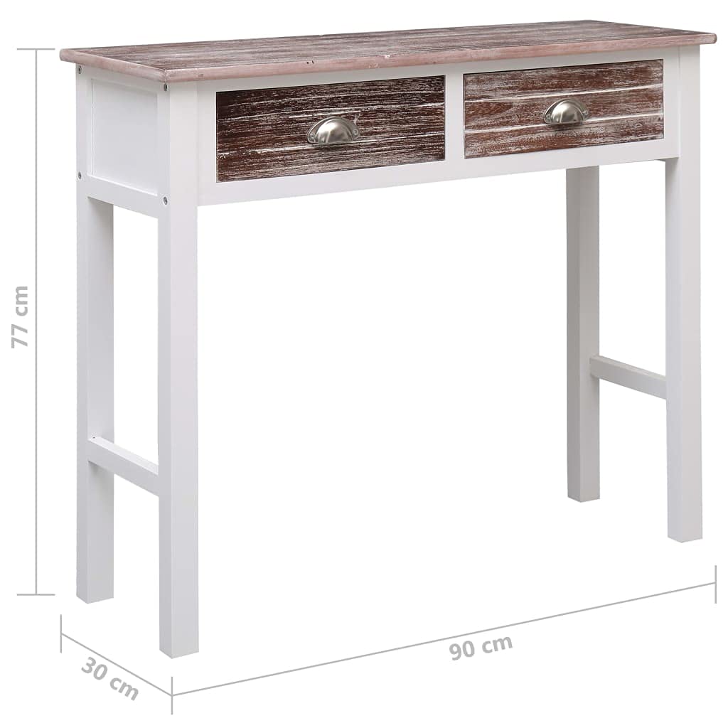 Mesa consola marrón 90 x 30 x 77 cm de madera, mesa auxiliar clásica con 2 cajones y asas de metal, elegante aparador para pasillo, salón y entrada