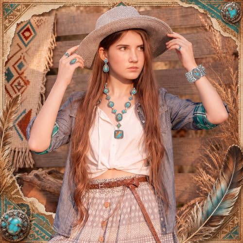 Image of Ecally Bohemian Western Jewelry Turquoise Set Women Country Pendant Long Choker Layered Bracelets Earrings Ring for Women