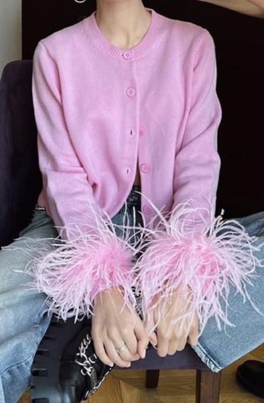 Womens Feather Trim Cardigan Knit Button Down Long Sleeve Crop Sweater Tops Holiday Rave Fur Trim Jacket - Image 4
