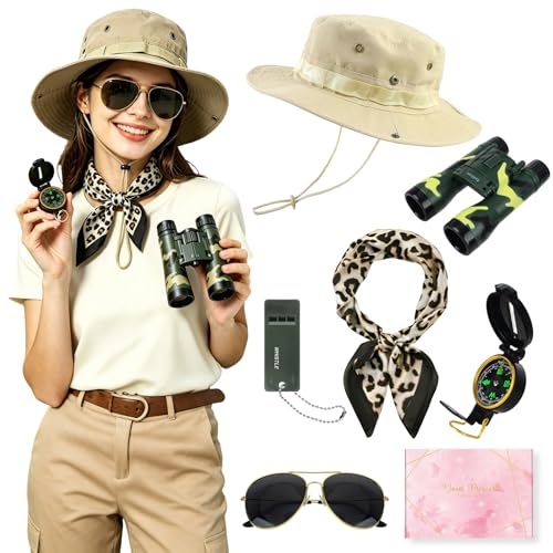YYDSXK Safari Kostüm Damen 6 Stück Safari Accessoires Set mit Faltbare Sonnenhut Fernglas safari Kostüm des Archäologen Rollenspielkostüm Halloween Perfekt für Themenpartys Fasching Karneval