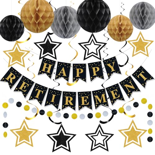 Image of Happy Retirement Party Decorations for Men Women Black Gold Happy Retirement Banner Honeycomb Balls Pentagram Hanging Swirl Streamers Circle Dots Garland
