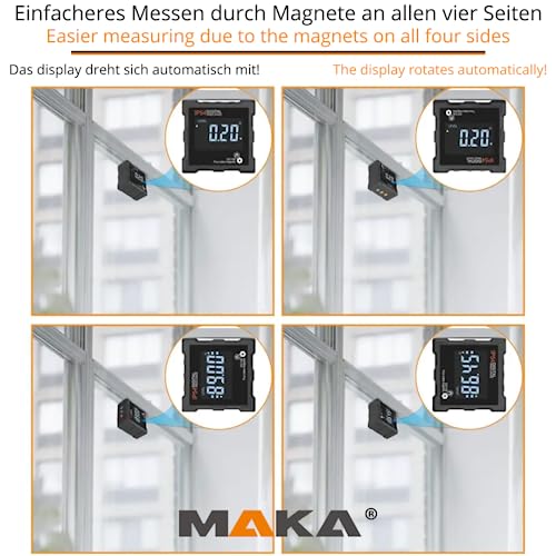 MAKA Digitale Neigungsmesser - Genauigkeit von 0,1° bis 0,2° - Magneten auf allen Seiten - Helles LCD-Display - 4x90° Neigungsmesser - Winkelmesser