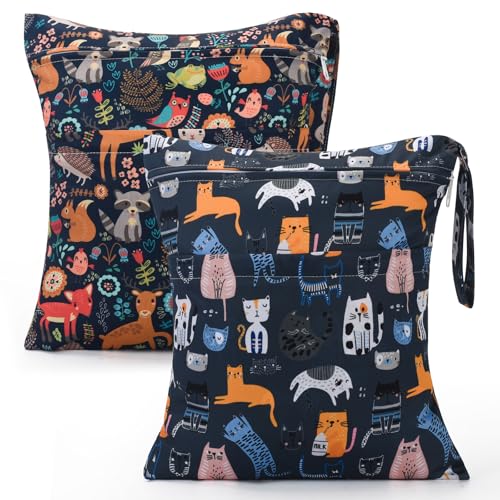 Image of eaxin 2pcs Cloth Diaper Wet Dry Bags Waterproof Reusable with Two Zippered Pockets Travel Beach Pool Daycare Soiled Baby Items Yoga Gym Bag for Swimsuits or Wet Clothes-Animal