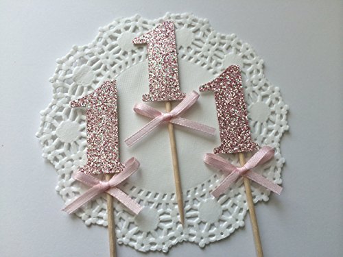 12 Pink Glitter Number Cupcake Toppers. First Birthday Decorations.