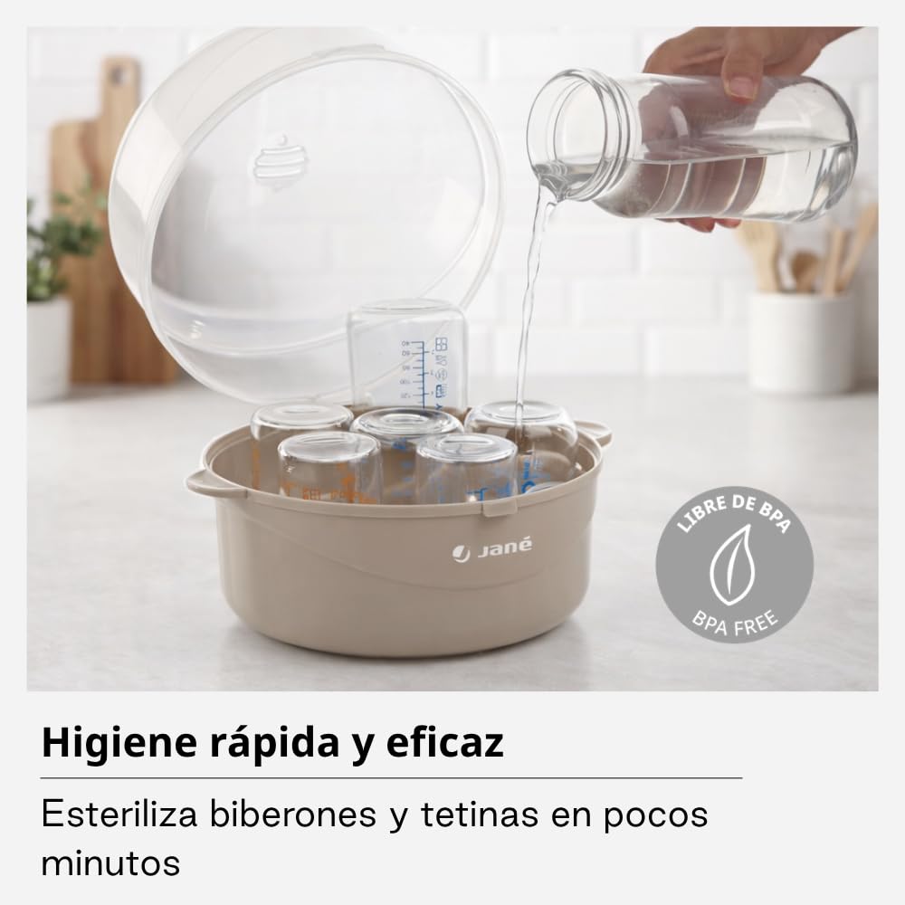 Jané Sterilizzatore per Microonde 6 Biberon, con Cestello per Tettarelle e Pinza, BPA Free, Grigio