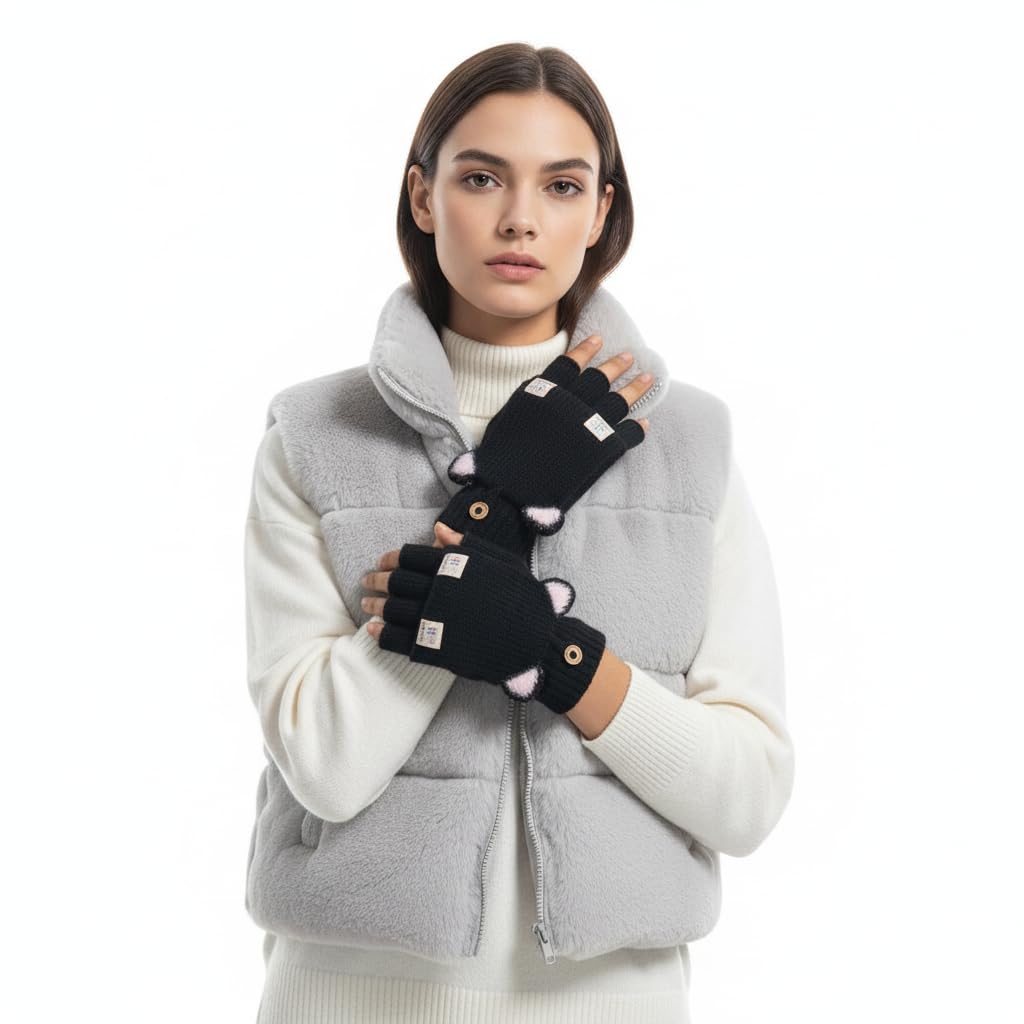 Women's Navy Blue Winter Gloves Convertible Fingerless Mittens Warm Knit Cat Ear Flip Top-image-16