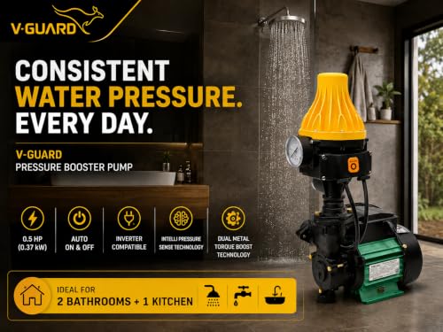 Image of V-Guard Automatic Pressure Booster Pump, (Aqualush Green) with Intelli Pressure Sense Technology 0.5HP, 220V for upto 2-3 Bathrooms and Kitchen with, 1 YEAR ON-SITE WARRANTY