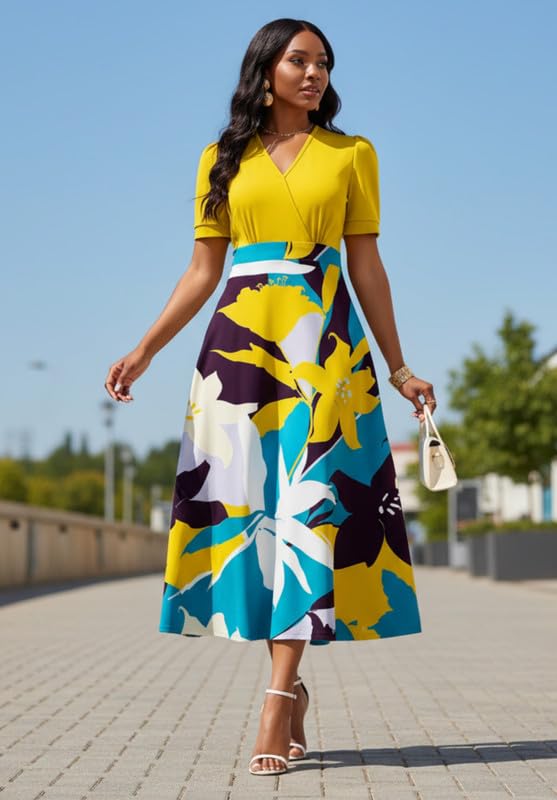 Image of MarryUP Women's Midi Dresses - V Neck Cocktail & Church Tea Dresses - Short Sleeve A-Line Swing Dress