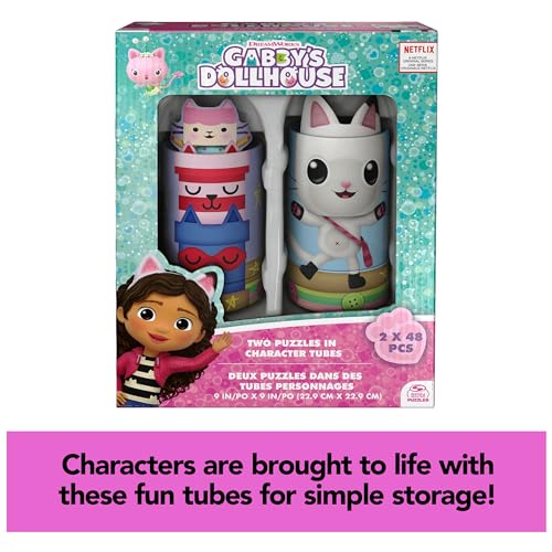 Image of Spin Master Games Gabby's Dollhouse, 2-Puzzle Pack 48-Piece Jigsaw Puzzles in Character Storage Tubes Gabby's Dollhouse Toys Kids Puzzles, for Preschoolers Ages 4 and up