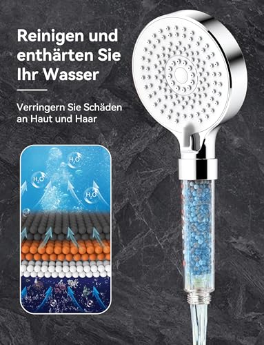 Magichome Duschkopf mit Filter, Hochdruck Handbrause 5 Strahlarten, Duschkopf Wassersparend mit 3-Lagen-Filtration Mineralsteinen, Druckerhöhende Duschbrause für Hartes Wasser,Rest-Chlor, Weiß