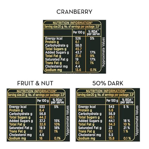 Image of Cadbury Bournville 50% Dark Chocolate Bars Combo (2 x Rich Cocoa 75 g, 2 x Fruit & Nut 75 g, 2 x Cranberry 78 g)