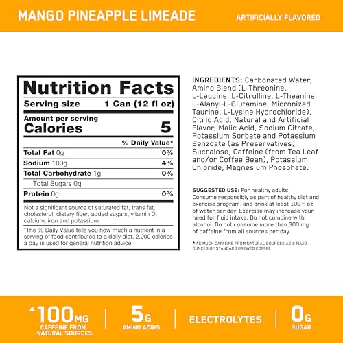Image of Optimum Nutrition Amino Energy Sparkling Hydration Drink, Electrolytes, Caffeine, Amino Acids, BCAAs, Sugar Free, Mango Pineapple Limeade, 12 Fl Oz, 12 Pack (Packaging May Vary) | 12 Fl Oz On The Go Sparkling Hydration Drink with Electrolytes and BCAAs, Zero Sugar, 100mg Caffeine Per Serving, 12-Pack