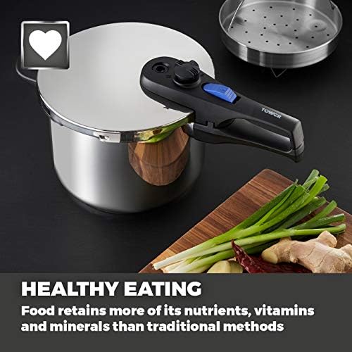 Tower T920004S6L Express Pressure Cooker with Bakelite Lid Lock System, Visual Pressure Indicator, 6 Litre, Stainless Steel