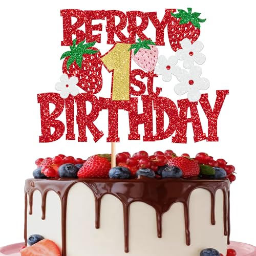 1 paquete de decoración para tarta de primer cumpleaños con diseño de bayas y flores rojas con purpurina para tarta de cumpleaños para frutas, fresas, un tema, baby shower, fiesta de cumpleaños,