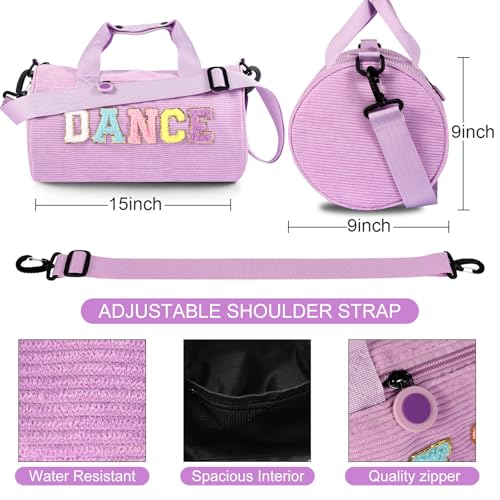 Image of Dance Ballet Bag for Girls Sport Gym Duffle Bags Overnight Travel Bags Fun Dance Corduroy Chenille Letter Bag for Dancers (Purple)