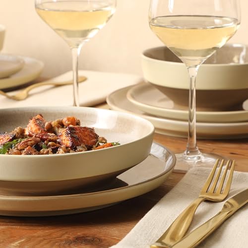 Image of Gibson Elite Octavia Place 16 Piece Stoneware Dinnerware Set, Service for 4, Coupe Modern Plates & Bowls, Reactive Glaze Finish, Taupe, Microwave & Dishwasher Safe