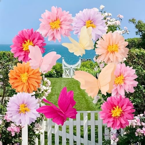 Image of SUNBEAUTY 12 PCS Giant Paper Flowers Large Butterfly Party Decorations Pink Orange Large Tissue Paper Flower for Wall Hanging Butterflies for Birthday Spring Garden Wedding Backdrop Bridal Shower