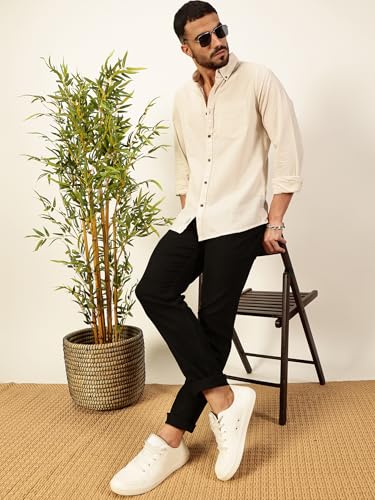 Image of Thomas Scott Men's | Slim Fit | Striped Design | Button-Down Collar | 100% Cotton Casual Shirt for Mens
