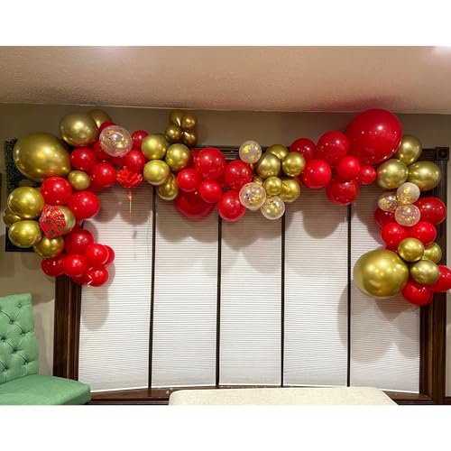 Image of YAOWKY Red Gold Christmas Balloons Garland Kit, 120Pcs 18 12 10 5In Red and Gold Balloons With Gold Confetti Balloons for New Year's Party Valentines Wedding Bachelorette Birthday Decorations