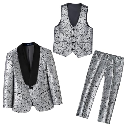 Rinfam Boys Suits Formal Dress Silver Floral Tuxedo Suits Sets Size 10 For Boys Kids 3 Pieces Toddler Suits Outfit thumb #1