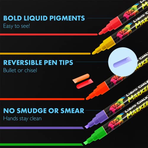 Vaci Neon Liquid Chalk Markers - Pack Of 10 Erasable Chalk Pens With Reversible Fine Tip For Chalkboard, Window, Glass, Mirror, Blackboard And More; Non-Toxic Marker Pens With Chalkboard Labels! #TOP3