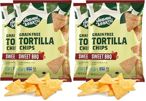 Heaven & Earth Sweet BBQ Tortilla Chips, Grain Free Tortilla Chips, 4.5oz (4 Pack) | Corn Free | Gluten Free | Kosher for Passover
