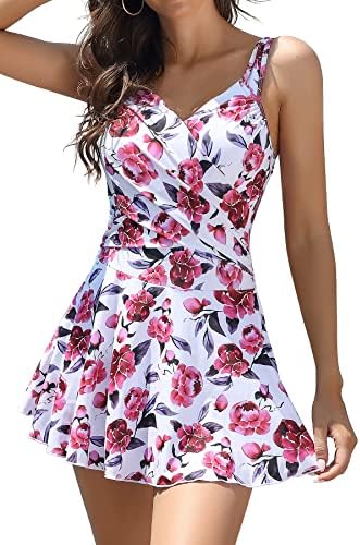 SHEKINI Women's Swimsuits Tummy Control Dress One Piece Swimsuit V Neck Bathing Plus Size Swimwear (White - Printing,Large)