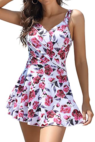 Shekini Women's Swimsuits Tummy Control Dress One Piece Swimsuit V Neck Bathing Plus Size Swimwear (White - Printing,Large) #TOP1