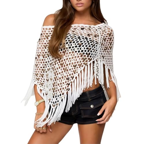 Femmes Haut poncho au crochet paillettes, épaules dénudées haussement d'épaules en tricot ajouré avec franges, maillot de bain plage pompons scintillants, châle en résille fait main vêtements