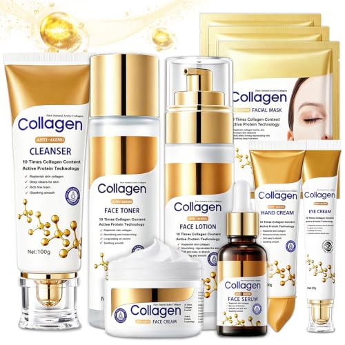 UAOE 10PCS Collagen Skin Care Set,Anti Aging Facial Skincare Set for Women