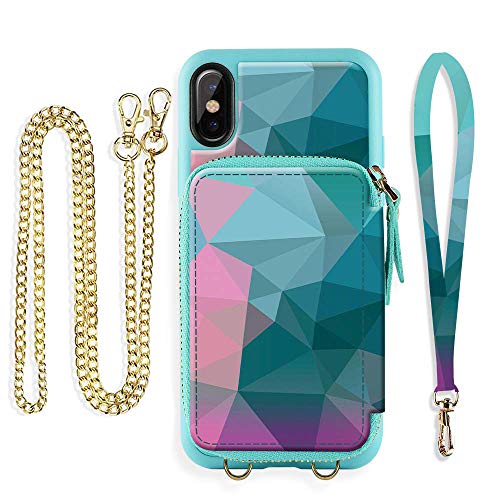 iPhone Xs and X, 5.8 inch, iPhone X Crossbody Wallet Case with Card Holder Slot Zipper Shoulder Handbag Purse Wrist Strap Pattern Print Case Cover for Apple iPhone X and XS - Diamond