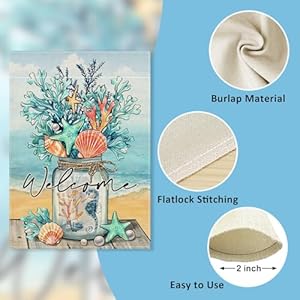 Welcome Summer Mason Jar Decorative Garden Flag Beach Coastal Coral Starfish Shell Sea Horse Yard Outside Decorations Nautical Seasonal Burlap Outdoor Small Home Decor Double Sided 12 x 18