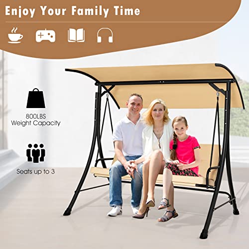 Image of Tangkula 3 Person Porch Swing, Outdoor Swing with Removable Cushions, Solid Steel Structure, Patio Swing with Adjustable Canopy for Garden, Backyard, Balcony, Poolside Beige