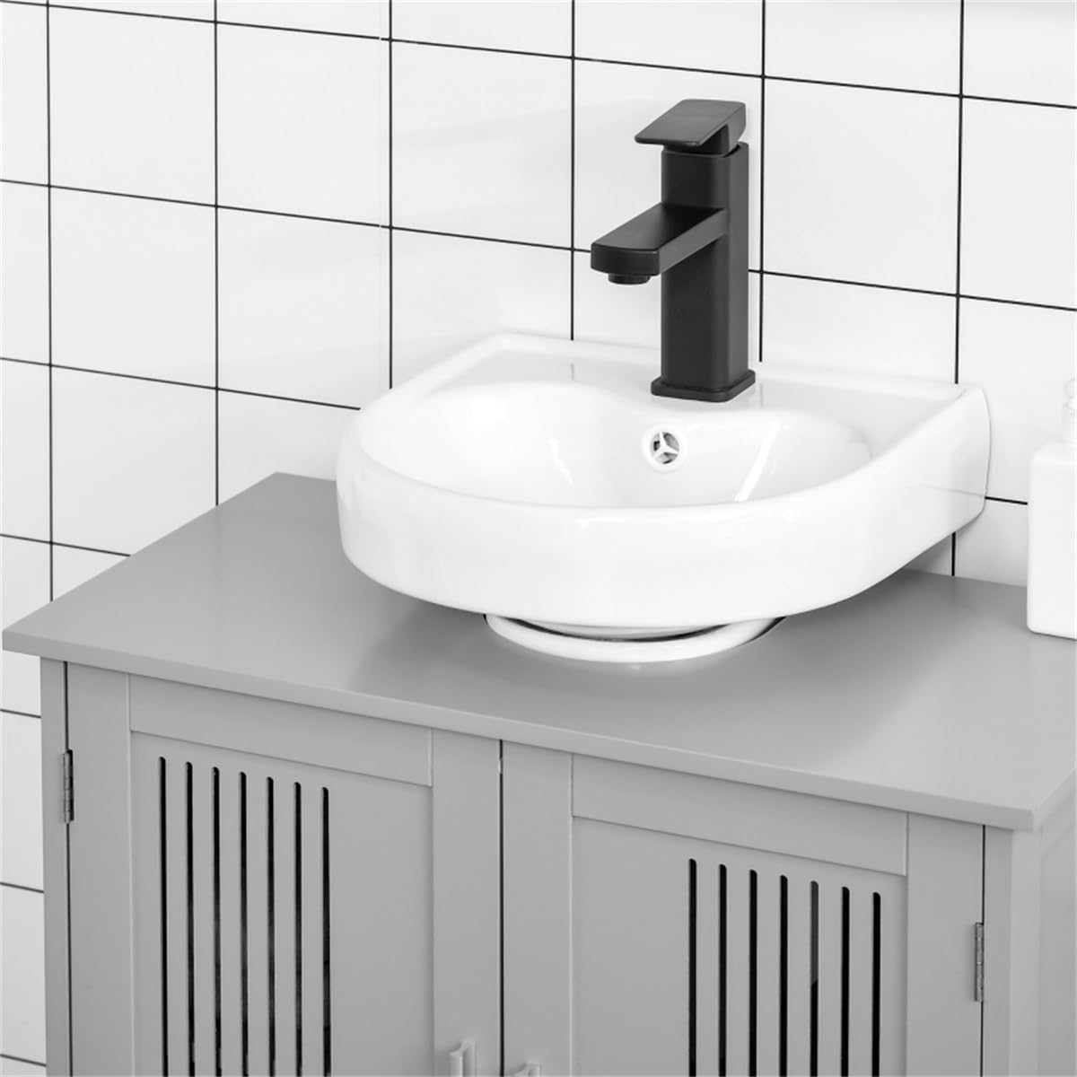 23.5" Gray Under Sink Bathroom Cabinet, Pedestal Sink Storage Cabinet with U-Shaped Cutout, Adjustable Shelf & Double Doors, MDF Bathroom Organizer for Toiletries, Cleaning Supplies