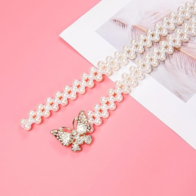 AKOAK 1 Pack Pearl Belt, Stretch Pearl Belt for Women, Wedding Bride Belt with Rhinestone Crystal Rhinestone White Waist Chain Bridesmaid Dress Belt4