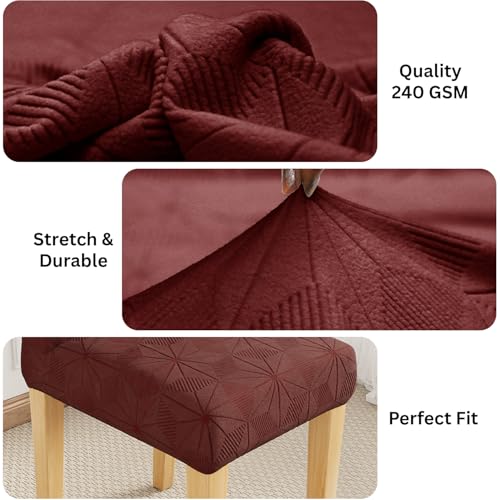 Image of Lukzer Elastic Dining Chair Cover - 2PC Pastel Deep Maroon Starlight | Textured High Stretch Jacquard Seat Cover | Removable Washable Short Dining Chair Cover Protector Seat Slipcover | (CC-145-02)