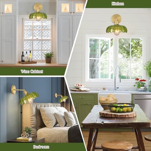 Image of Gold Vanity Light Green Glass Bathroom Wall Sconce Brushed Brass Vanity Lamp Bathroom Light Fixtures with Flower Glass Shad Mid Century Vintage Wall Sconces for Over Mirror Bedroom