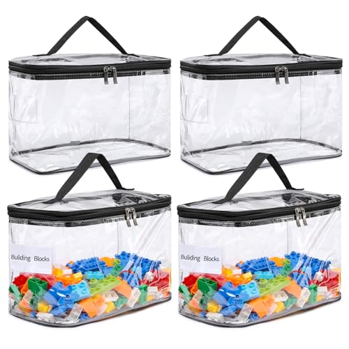 4-Pack Large Clear Storage Bag for Toys with Name Tag, Waterproof PVC Toy Organizer Case for Legos Bricks, Building Blocks, Puzzles, Stationery, Small Item Storage Bins(12.6 × 7.9 × 6.3 in)