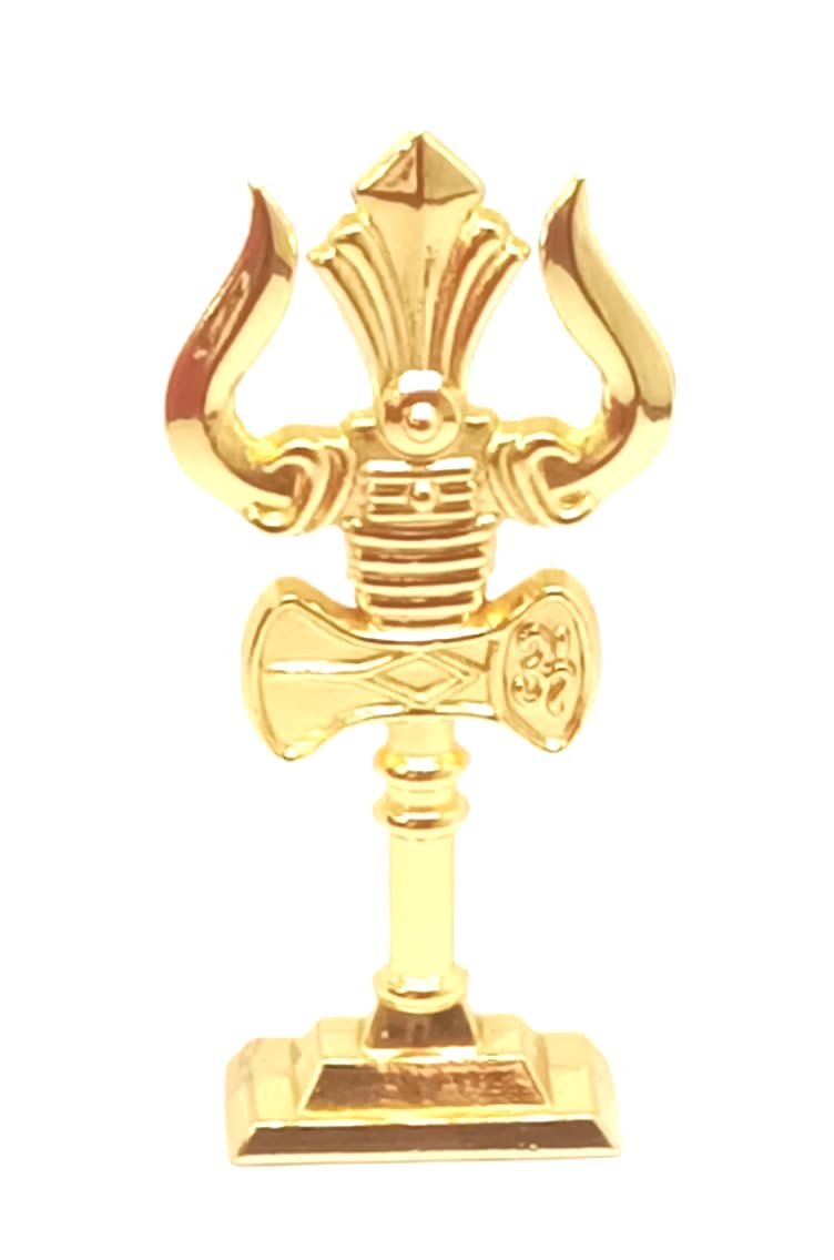 Elite Store Metal Trishul with Damaru Idol – Double Sided Golden Lord Shiva Trishul Showpiece for Car Dashboard, Home Decor, Puja Room, Festivals, Return Gift (3.8 Inches)