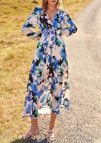 PRETTYGARDEN Women's Floral Midi Dress Casual Fall V Neck Long Sleeve Flowy Spring Beach Wedding Guest Vacation Dresses