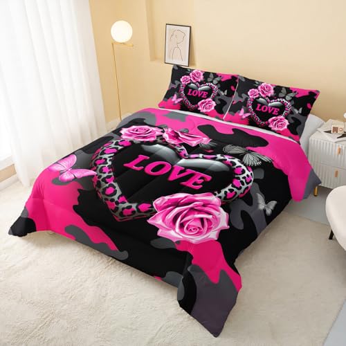 Image of QOOMO 3Pcs Flowers Comforter Set Twin Size,Leopard Print Bedding Set for Teens Boys Girls,Pink Comforter with 2 Pillowcases,Soft and Lightweight