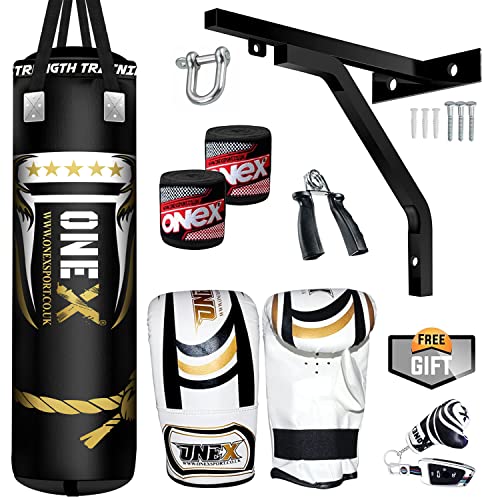 ONEX Heavy Filled Boxing Punch Bag Set Gloves Bracket MMA Pad Punching Kick Bag 13Pcs 3ft 4ft - 5ft With Straps (Black 4ft)